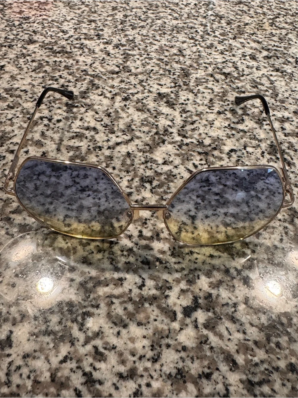Women’s Gold Frame Gradient Yellow-Blue Hexagon Sunglasses